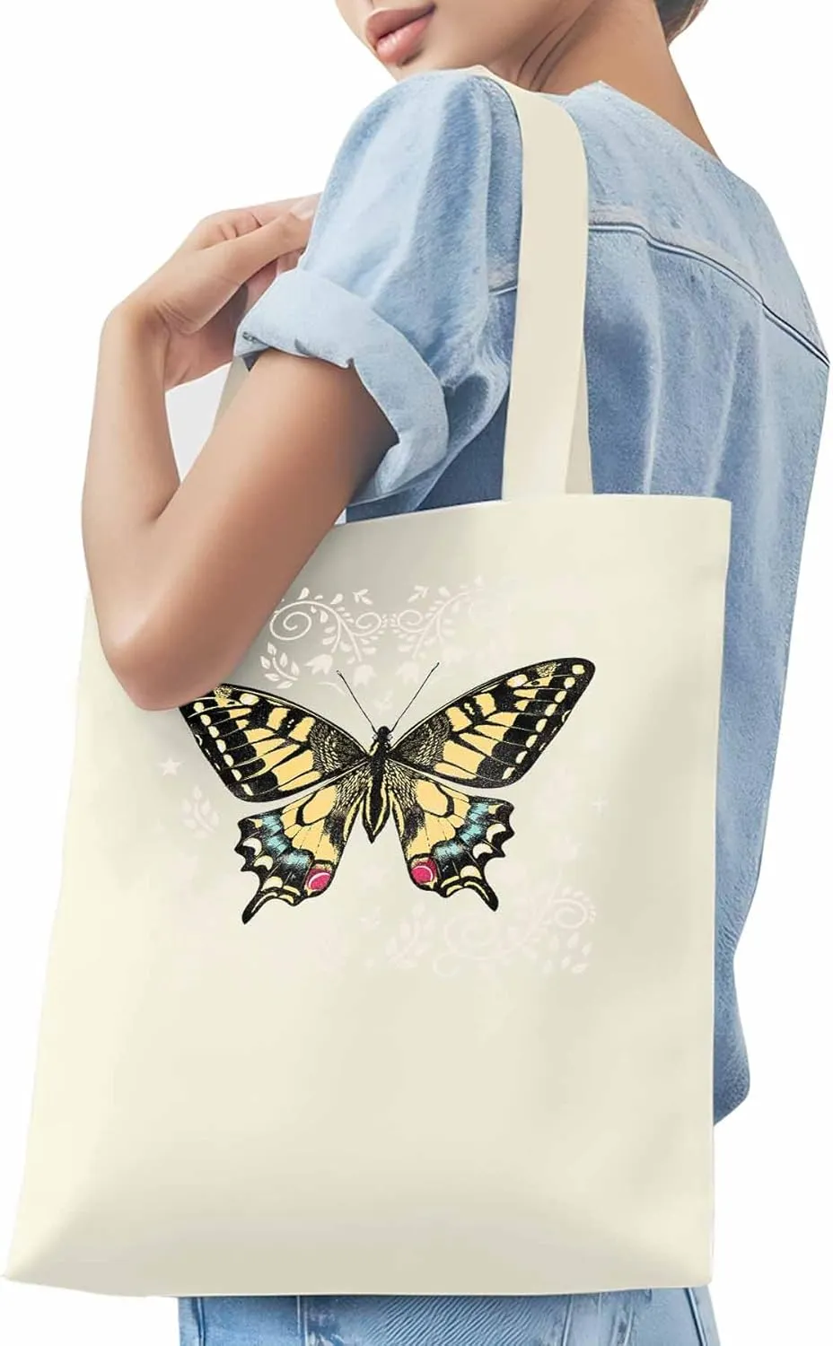 Butterfly Boho Flower Bohemia Floral Canvas Tote Bag, Aesthetic Canvas Tote Handbags for Women Shoulder Bag