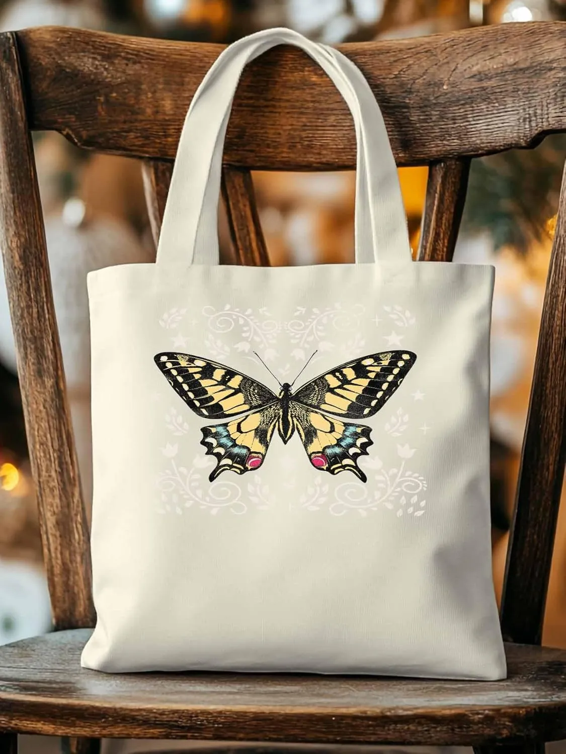 Butterfly Boho Flower Bohemia Floral Canvas Tote Bag, Aesthetic Canvas Tote Handbags for Women Shoulder Bag