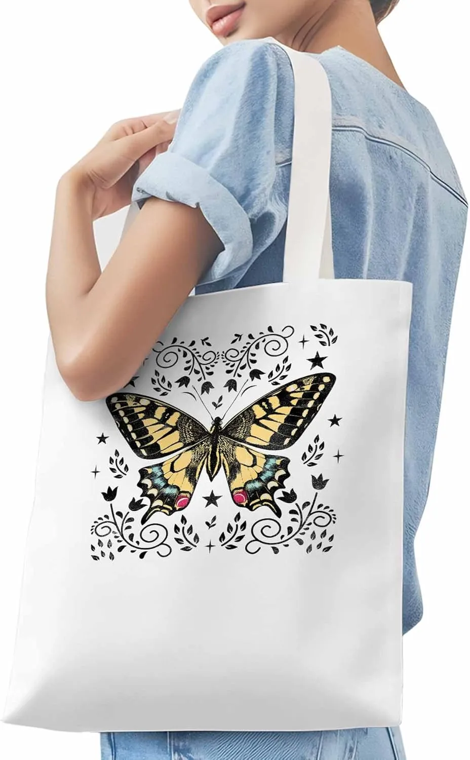 Butterfly Boho Flower Bohemia Floral Canvas Tote Bag, Aesthetic Canvas Tote Handbags for Women Shoulder Bag