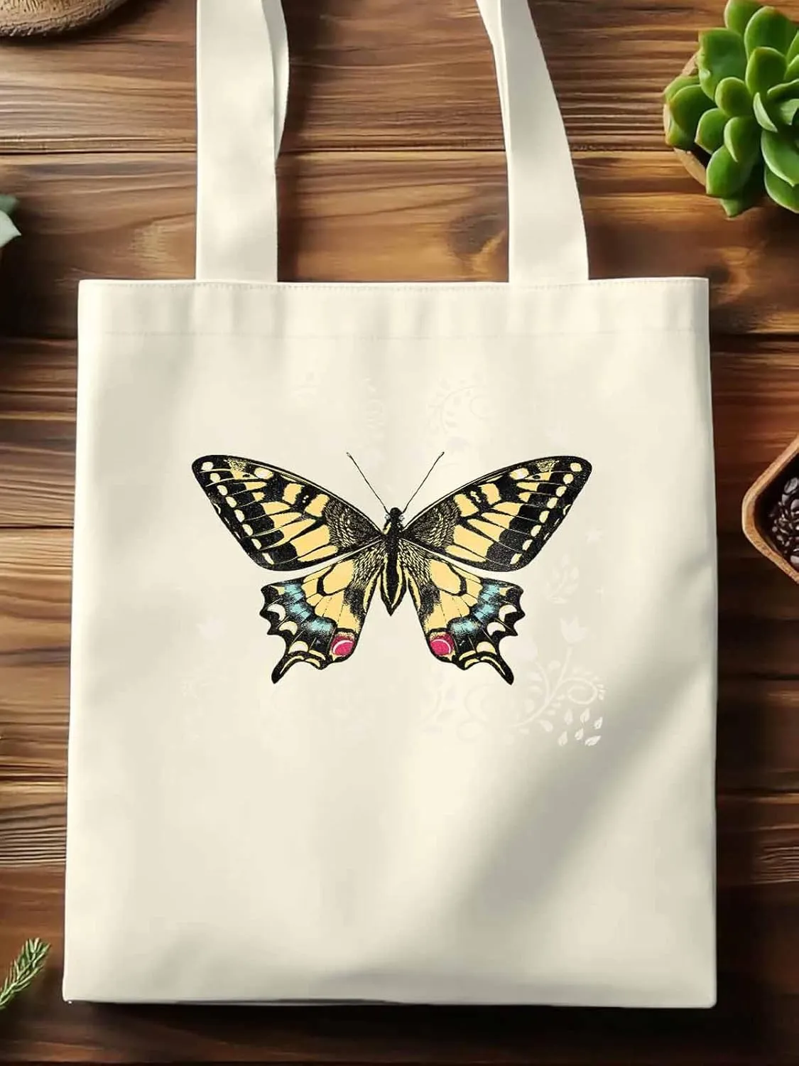 Butterfly Boho Flower Bohemia Floral Canvas Tote Bag, Aesthetic Canvas Tote Handbags for Women Shoulder Bag