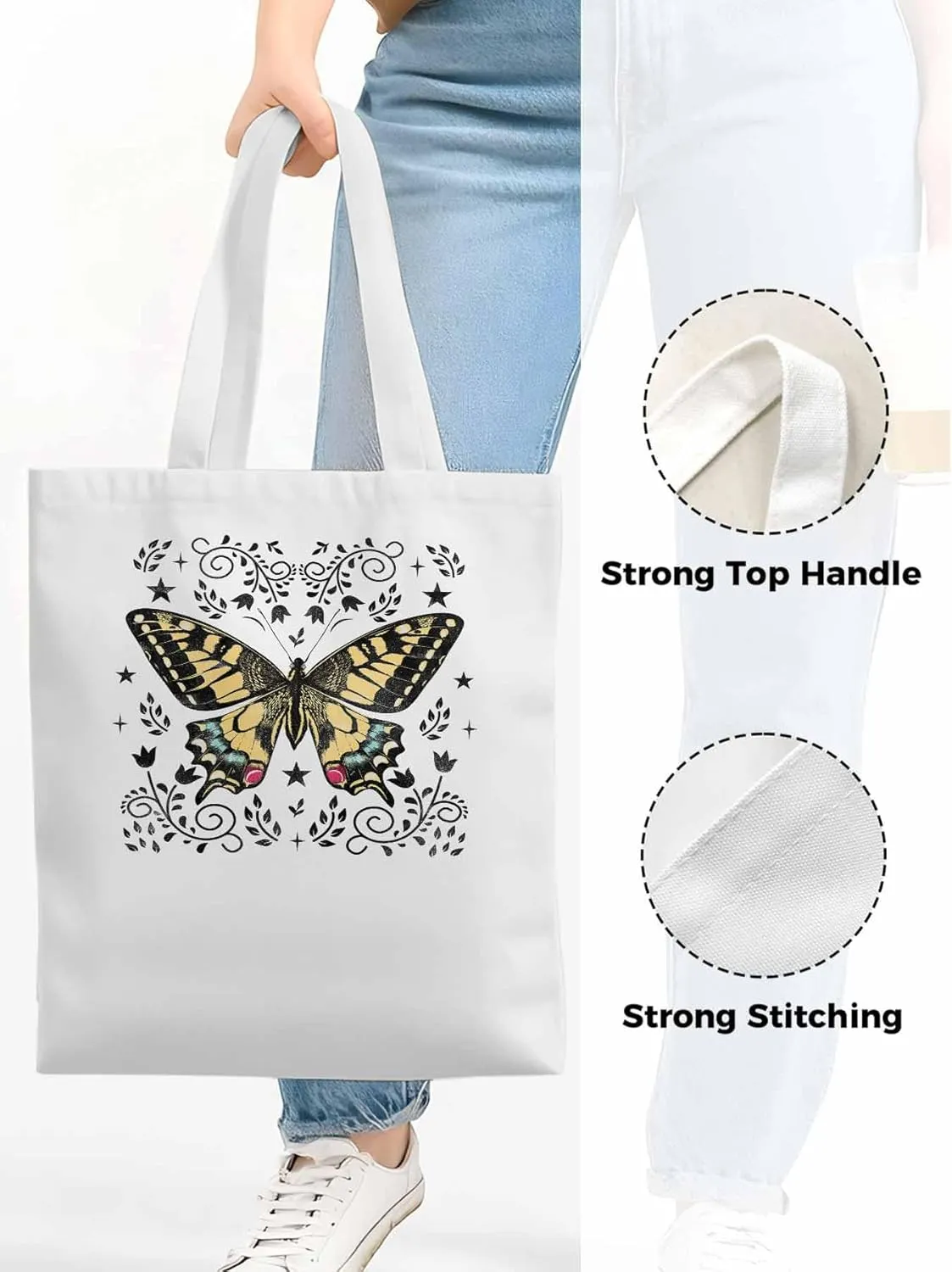 Butterfly Boho Flower Bohemia Floral Canvas Tote Bag, Aesthetic Canvas Tote Handbags for Women Shoulder Bag