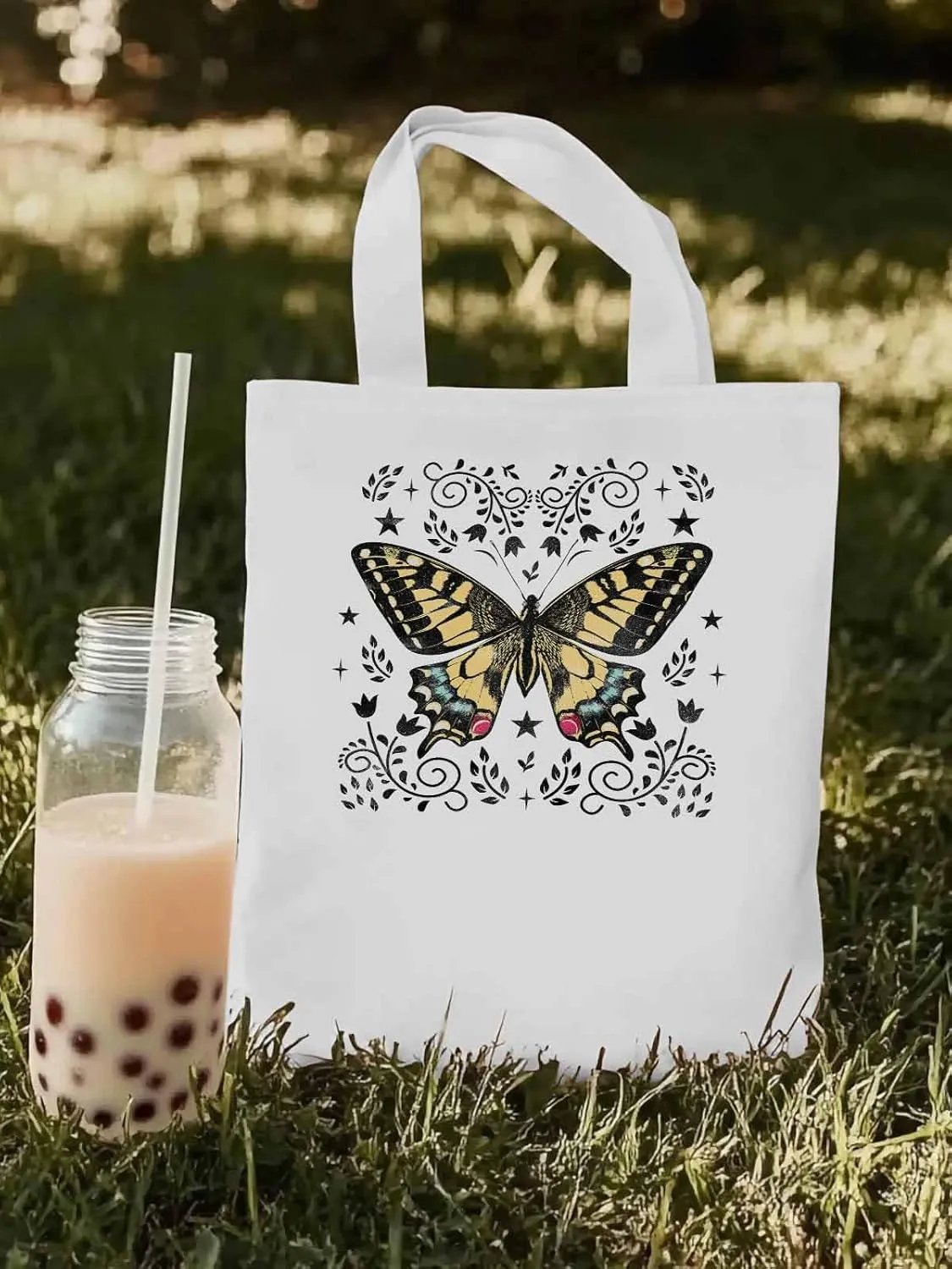 Butterfly Boho Flower Bohemia Floral Canvas Tote Bag, Aesthetic Canvas Tote Handbags for Women Shoulder Bag