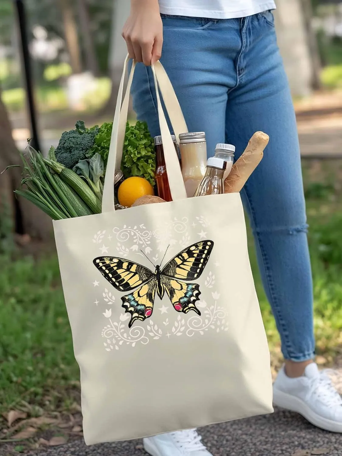 Butterfly Boho Flower Bohemia Floral Canvas Tote Bag, Aesthetic Canvas Tote Handbags for Women Shoulder Bag