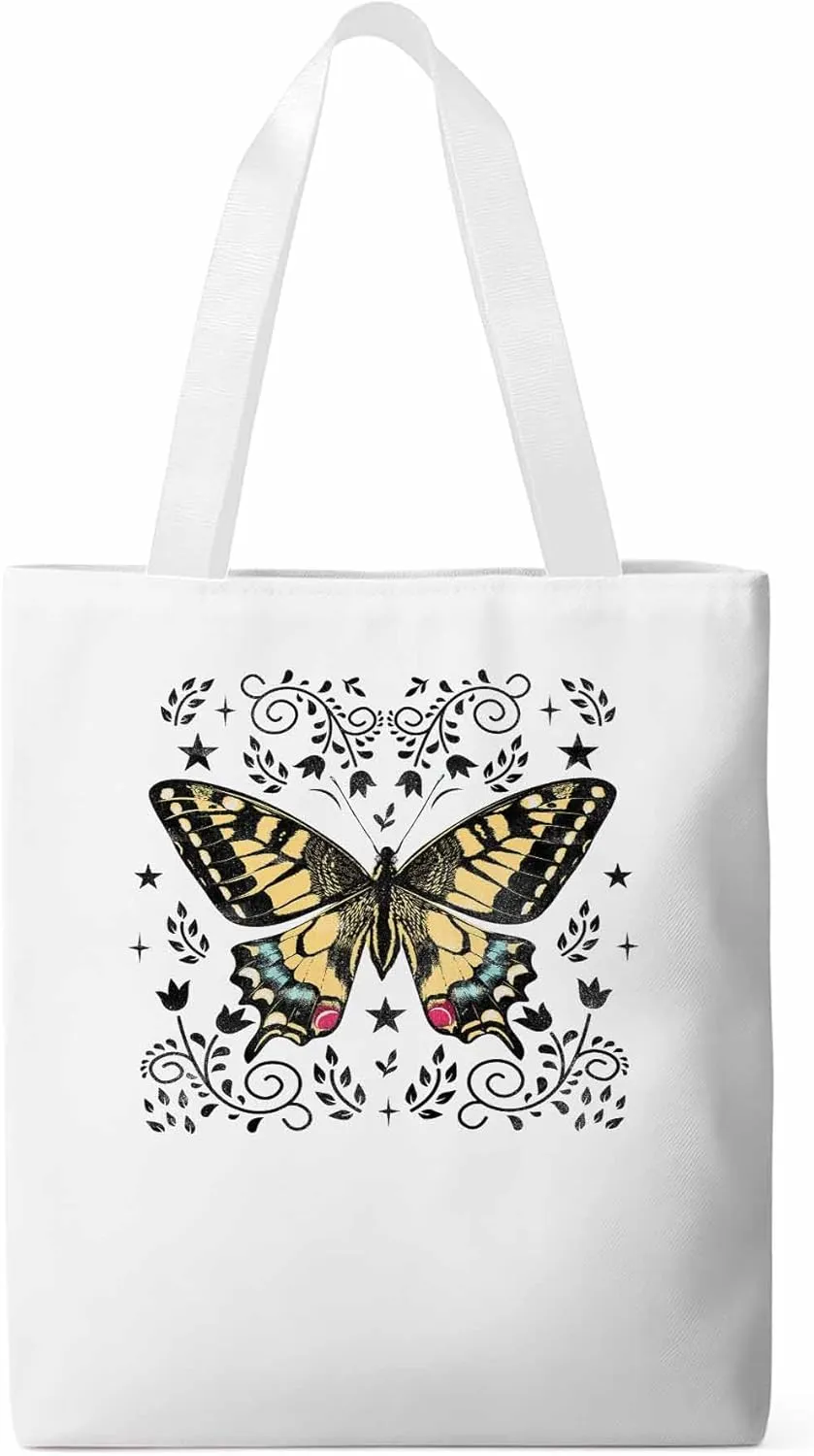 Butterfly Boho Flower Bohemia Floral Canvas Tote Bag, Aesthetic Canvas Tote Handbags for Women Shoulder Bag