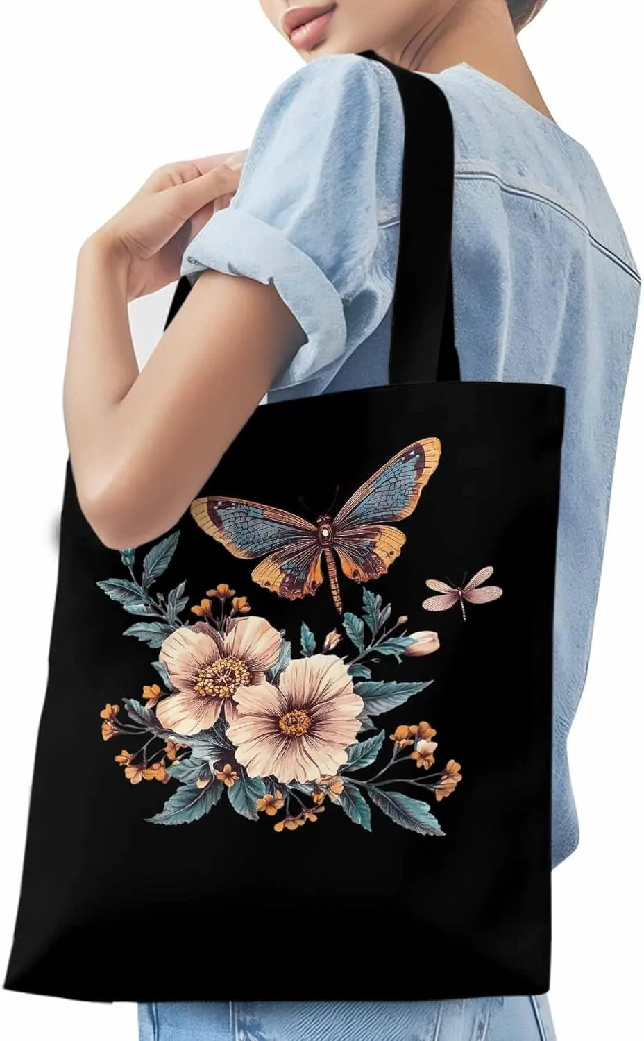 Butterfly Chinese Floral Plant Canvas Tote Bag, Aesthetic Canvas Tote Handbags for Women Shoulder Bag