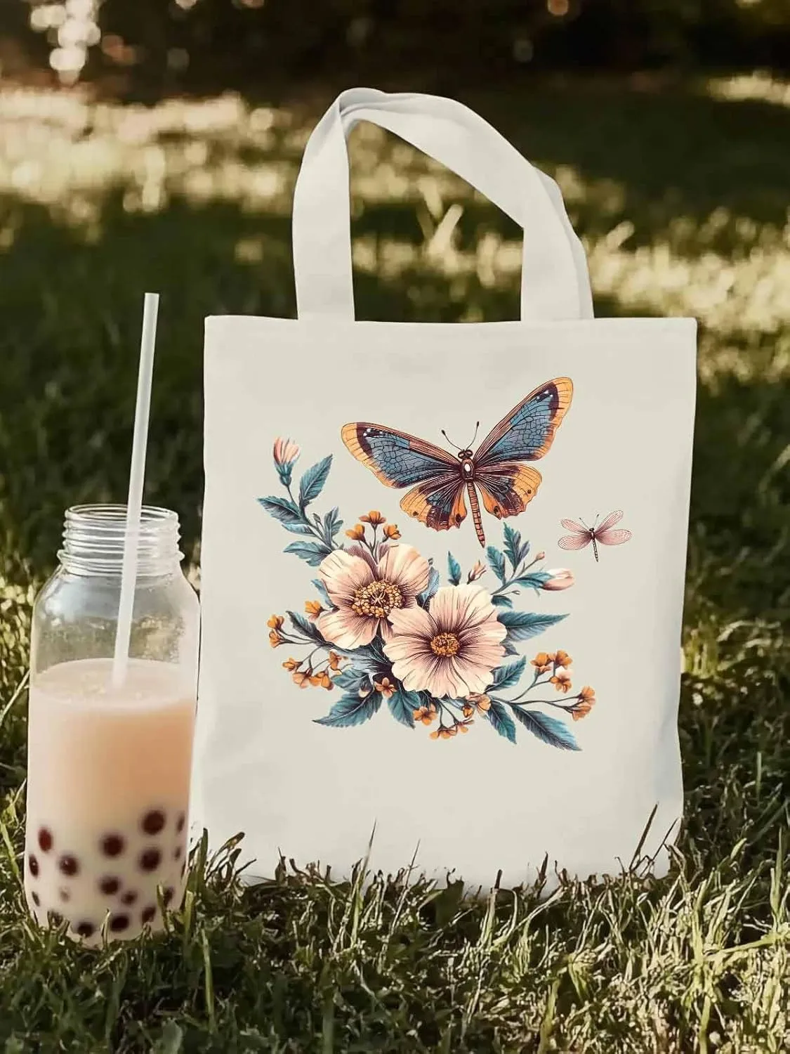 Butterfly Chinese Floral Plant Canvas Tote Bag, Aesthetic Canvas Tote Handbags for Women Shoulder Bag