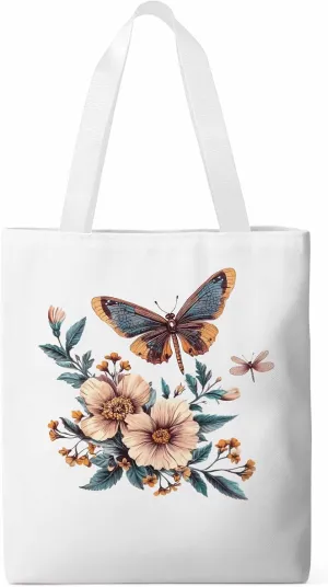 Butterfly Chinese Floral Plant Canvas Tote Bag, Aesthetic Canvas Tote Handbags for Women Shoulder Bag