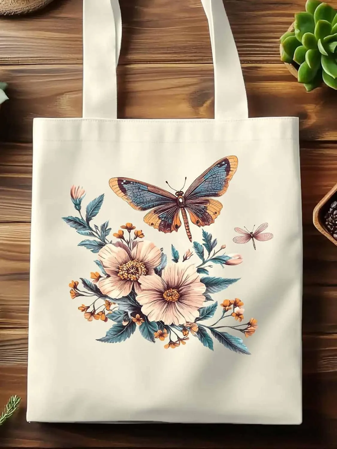 Butterfly Chinese Floral Plant Canvas Tote Bag, Aesthetic Canvas Tote Handbags for Women Shoulder Bag