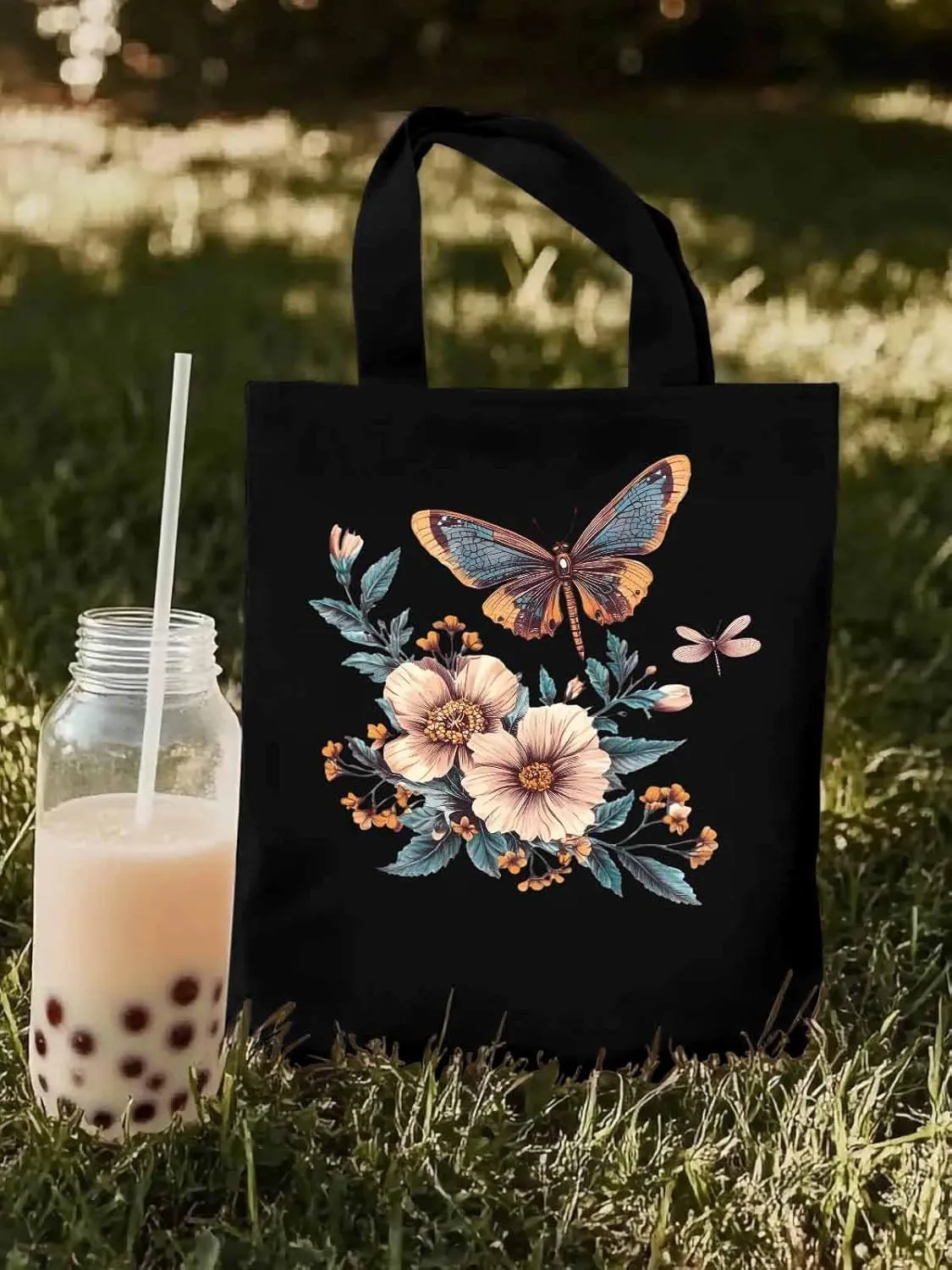 Butterfly Chinese Floral Plant Canvas Tote Bag, Aesthetic Canvas Tote Handbags for Women Shoulder Bag