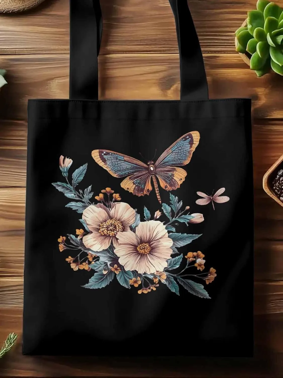 Butterfly Chinese Floral Plant Canvas Tote Bag, Aesthetic Canvas Tote Handbags for Women Shoulder Bag