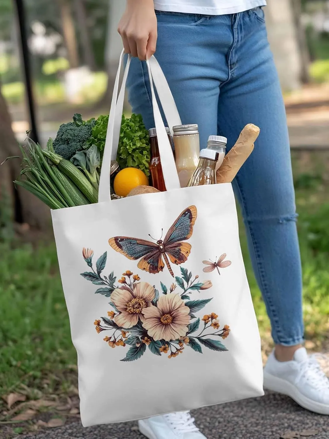 Butterfly Chinese Floral Plant Canvas Tote Bag, Aesthetic Canvas Tote Handbags for Women Shoulder Bag