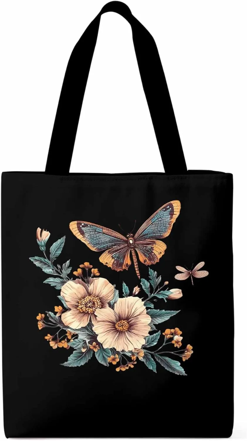 Butterfly Chinese Floral Plant Canvas Tote Bag, Aesthetic Canvas Tote Handbags for Women Shoulder Bag