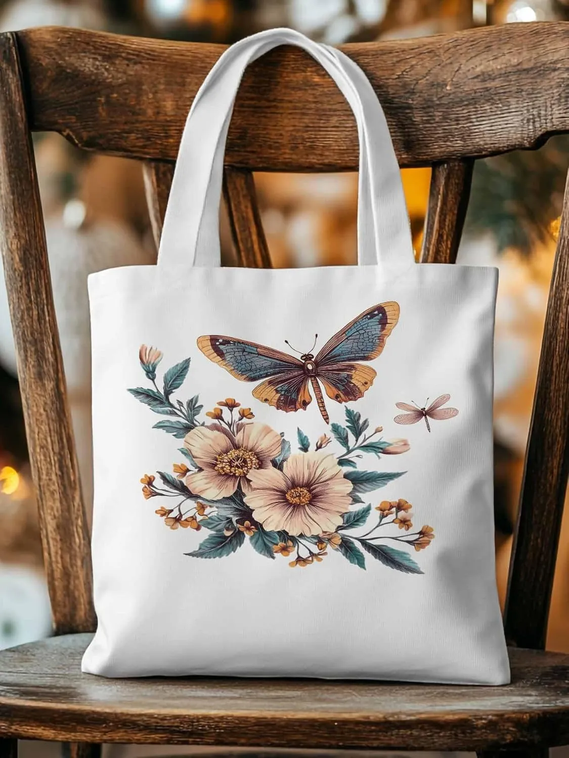 Butterfly Chinese Floral Plant Canvas Tote Bag, Aesthetic Canvas Tote Handbags for Women Shoulder Bag