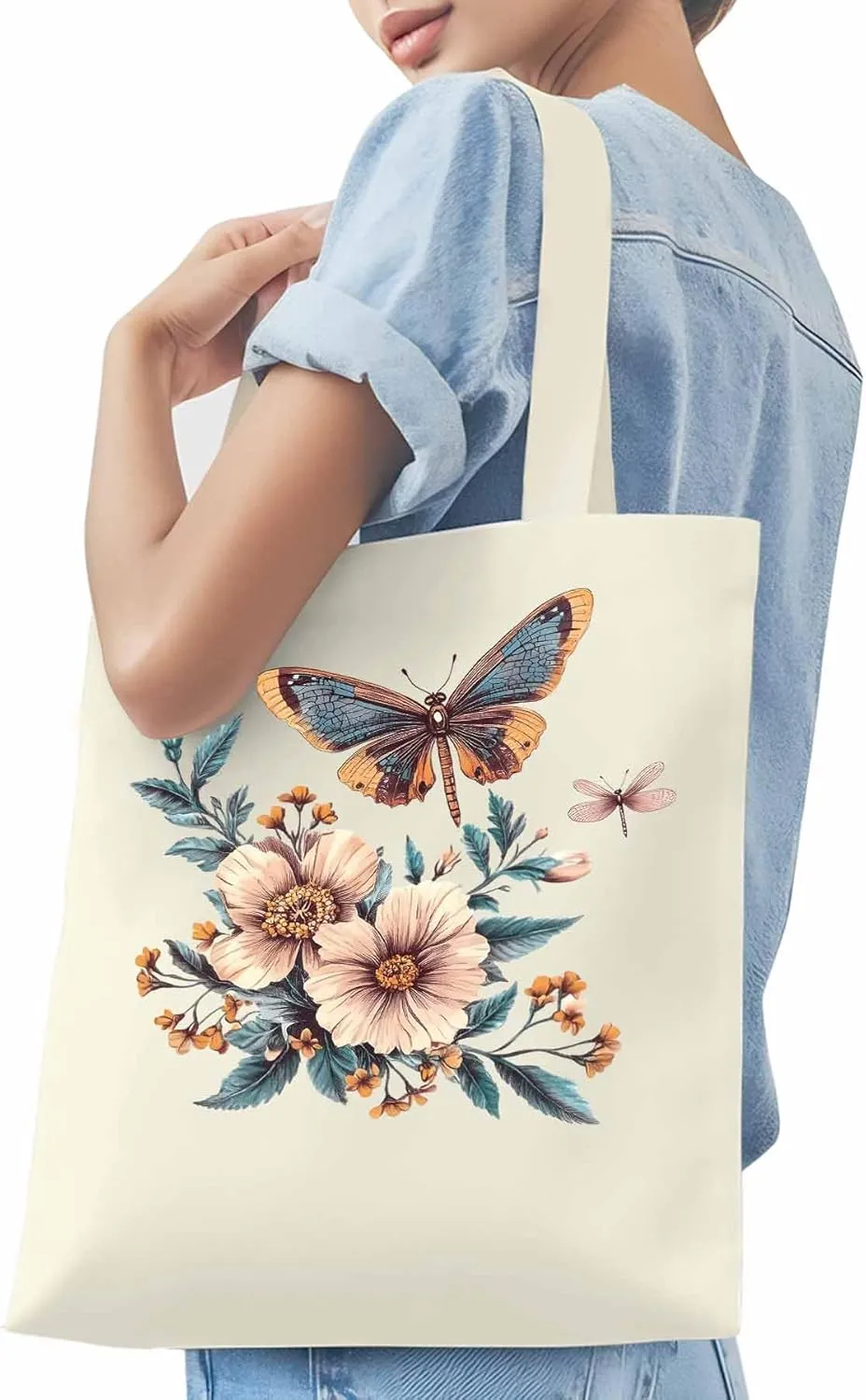 Butterfly Chinese Floral Plant Canvas Tote Bag, Aesthetic Canvas Tote Handbags for Women Shoulder Bag