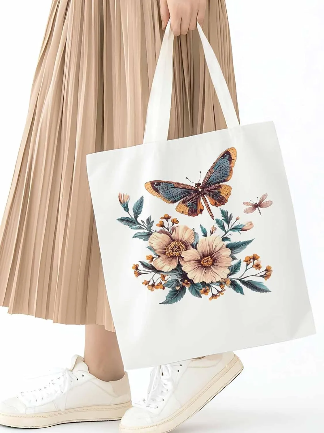 Butterfly Chinese Floral Plant Canvas Tote Bag, Aesthetic Canvas Tote Handbags for Women Shoulder Bag