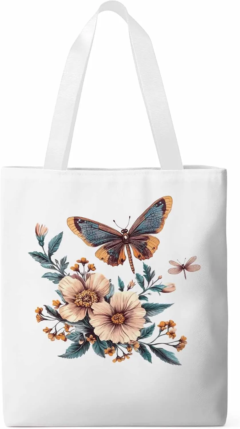 Butterfly Chinese Floral Plant Canvas Tote Bag, Aesthetic Canvas Tote Handbags for Women Shoulder Bag