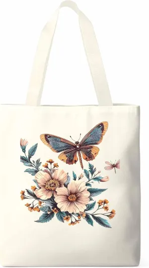 Butterfly Chinese Floral Plant Canvas Tote Bag, Aesthetic Canvas Tote Handbags for Women Shoulder Bag