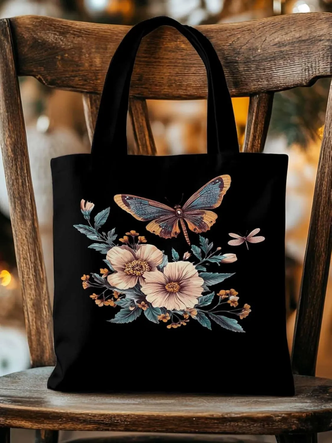 Butterfly Chinese Floral Plant Canvas Tote Bag, Aesthetic Canvas Tote Handbags for Women Shoulder Bag
