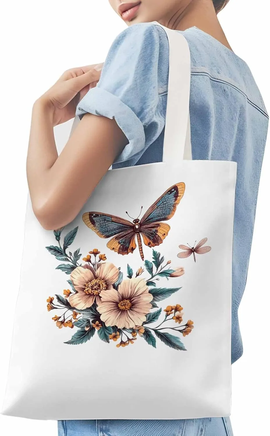 Butterfly Chinese Floral Plant Canvas Tote Bag, Aesthetic Canvas Tote Handbags for Women Shoulder Bag