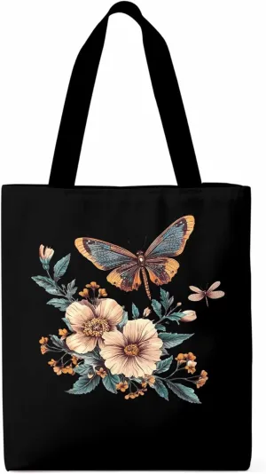 Butterfly Chinese Floral Plant Canvas Tote Bag, Aesthetic Canvas Tote Handbags for Women Shoulder Bag