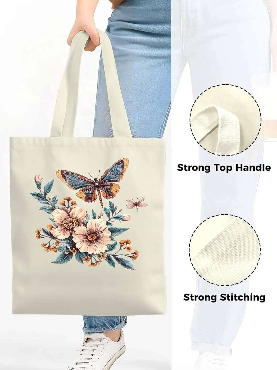 Butterfly Chinese Floral Plant Canvas Tote Bag, Aesthetic Canvas Tote Handbags for Women Shoulder Bag