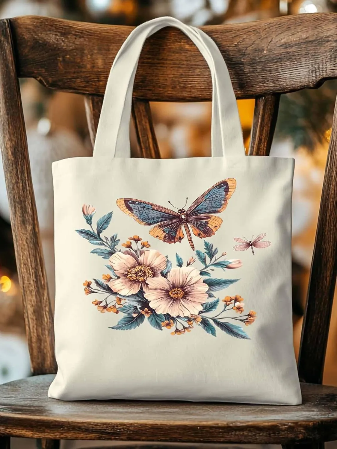 Butterfly Chinese Floral Plant Canvas Tote Bag, Aesthetic Canvas Tote Handbags for Women Shoulder Bag
