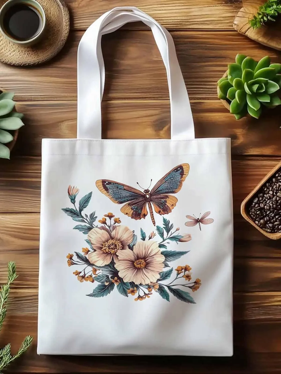 Butterfly Chinese Floral Plant Canvas Tote Bag, Aesthetic Canvas Tote Handbags for Women Shoulder Bag