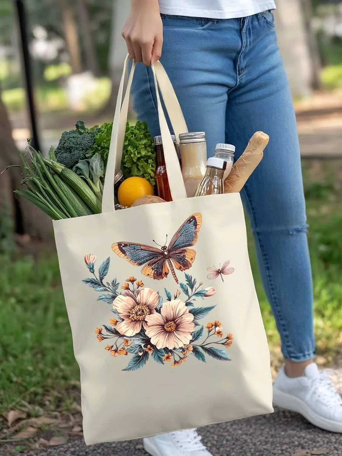 Butterfly Chinese Floral Plant Canvas Tote Bag, Aesthetic Canvas Tote Handbags for Women Shoulder Bag