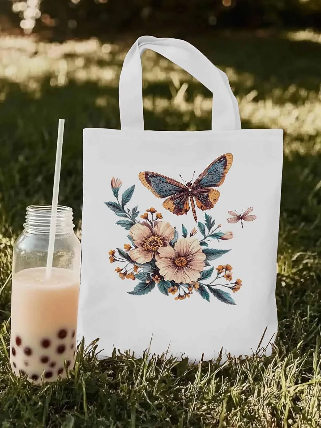 Butterfly Chinese Floral Plant Canvas Tote Bag, Aesthetic Canvas Tote Handbags for Women Shoulder Bag