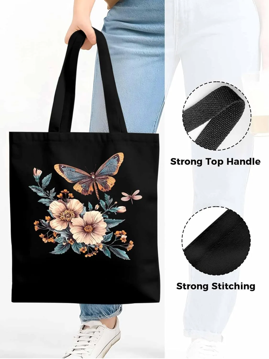 Butterfly Chinese Floral Plant Canvas Tote Bag, Aesthetic Canvas Tote Handbags for Women Shoulder Bag