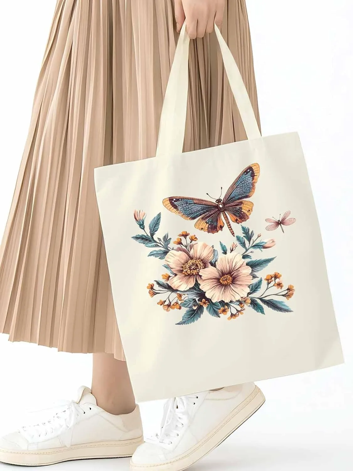 Butterfly Chinese Floral Plant Canvas Tote Bag, Aesthetic Canvas Tote Handbags for Women Shoulder Bag