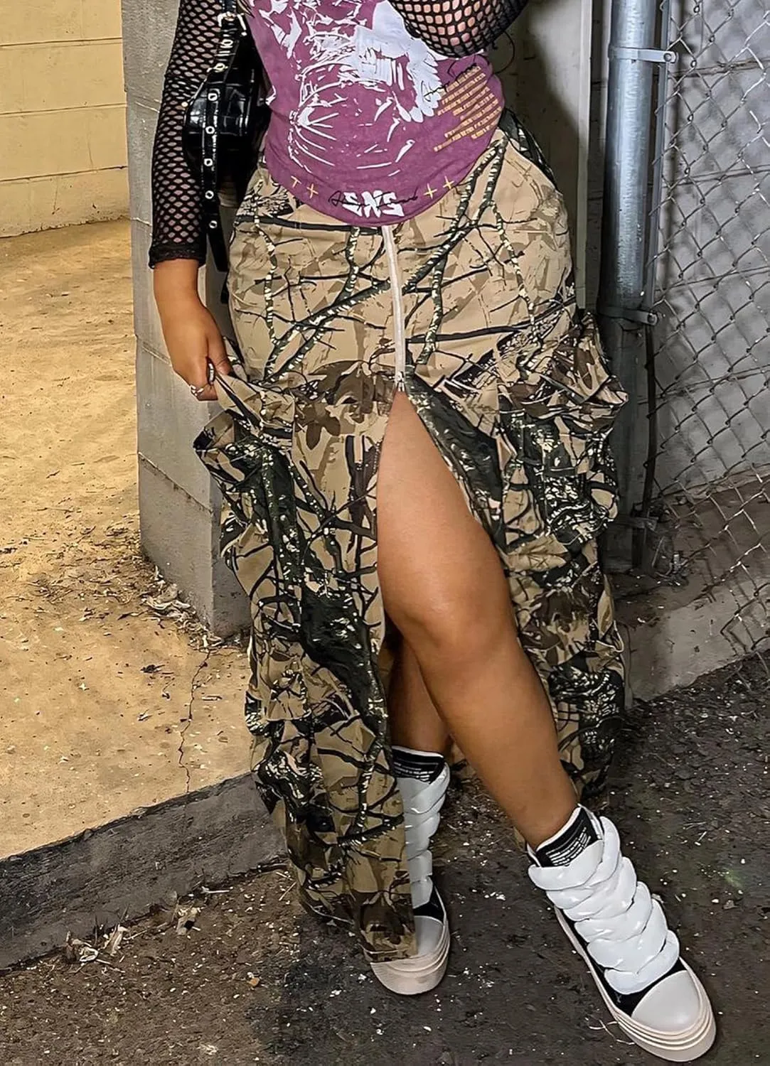 Camo Cargo Skirts for Women Sexy High Split Ruched Bodycon Army Fatigue Camouflage Flowy Y2K A-line Pencil Skirts