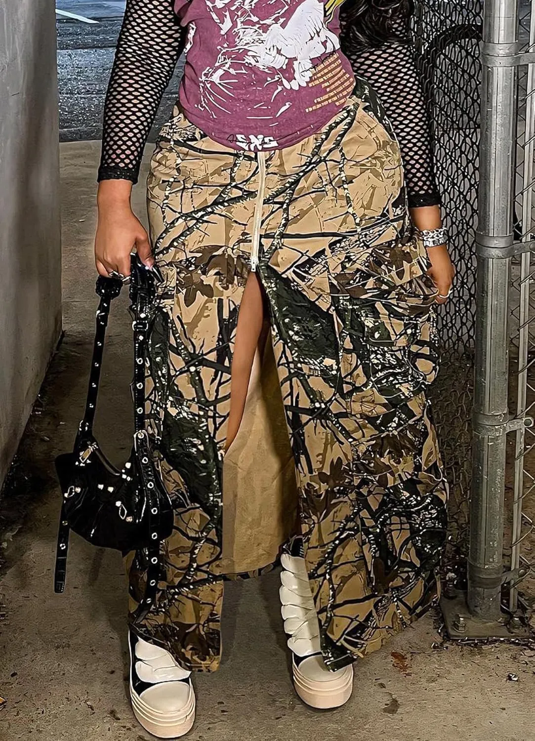 Camo Cargo Skirts for Women Sexy High Split Ruched Bodycon Army Fatigue Camouflage Flowy Y2K A-line Pencil Skirts