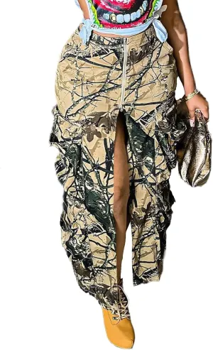 Camo Cargo Skirts for Women Sexy High Split Ruched Bodycon Army Fatigue Camouflage Flowy Y2K A-line Pencil Skirts