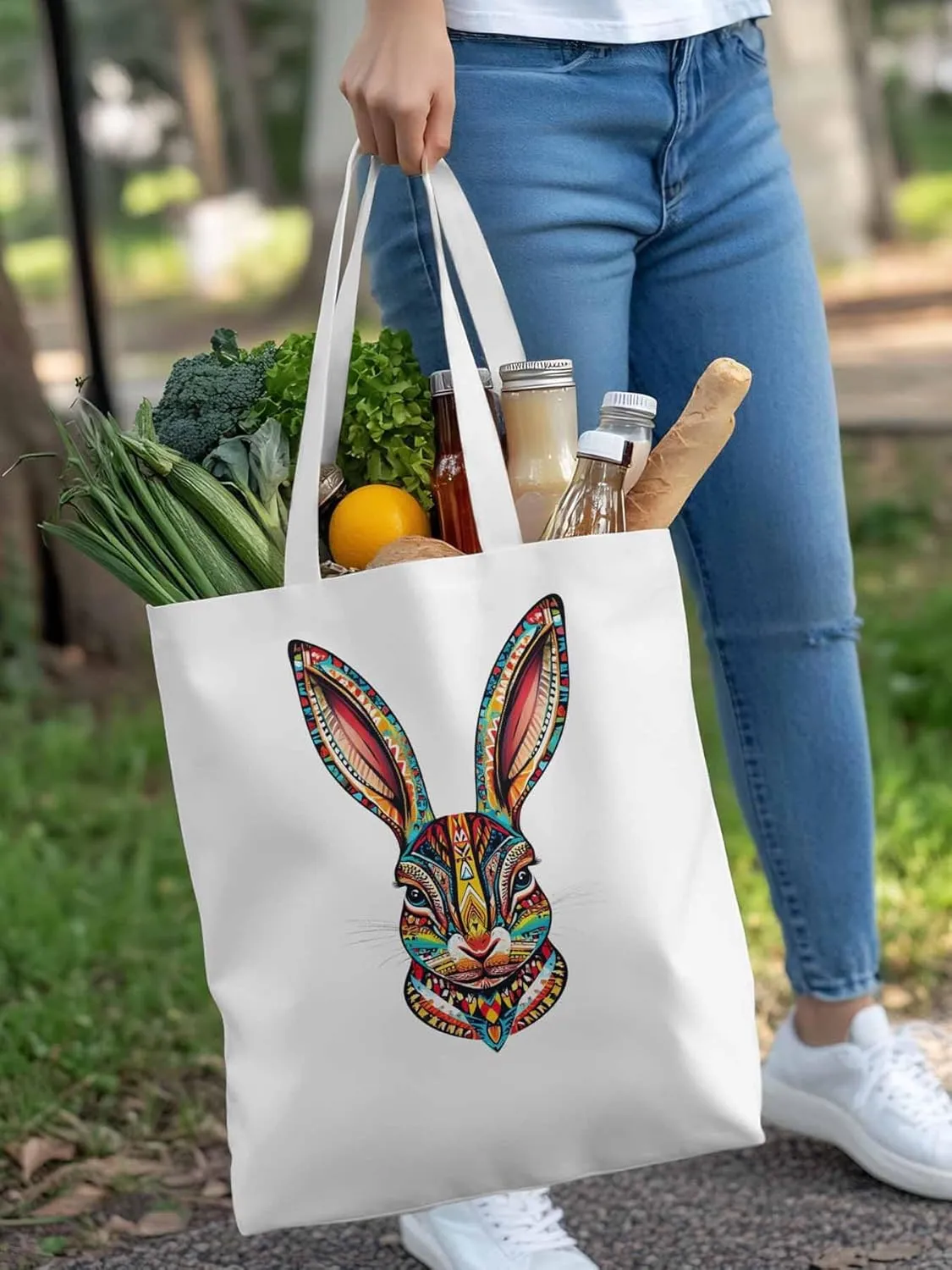 Canvas Tote Bag, Abstract Colorful Bunny patterned Canvas Tote Handbags for Women Shoulder Bag,