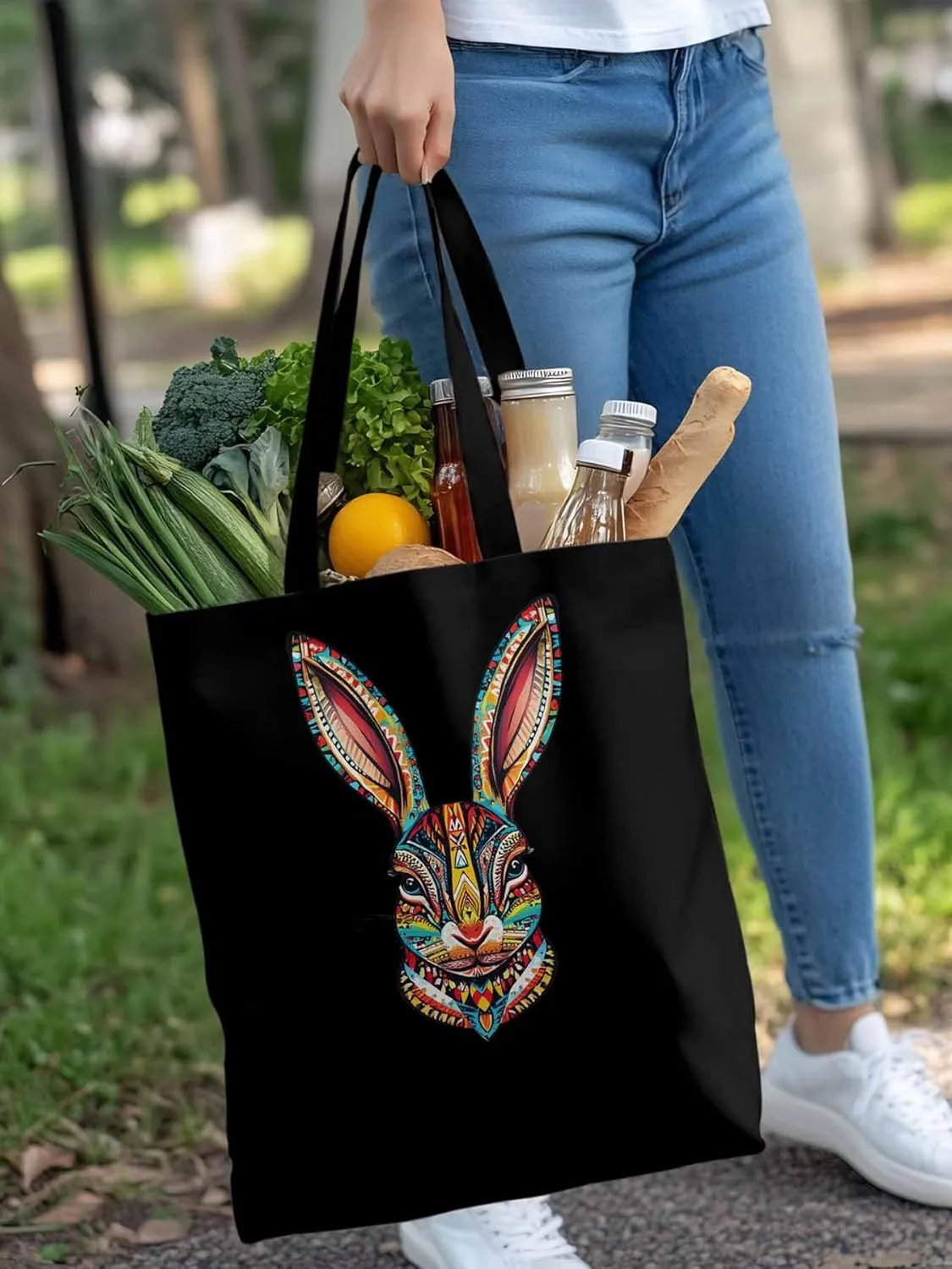 Canvas Tote Bag, Abstract Colorful Bunny patterned Canvas Tote Handbags for Women Shoulder Bag,