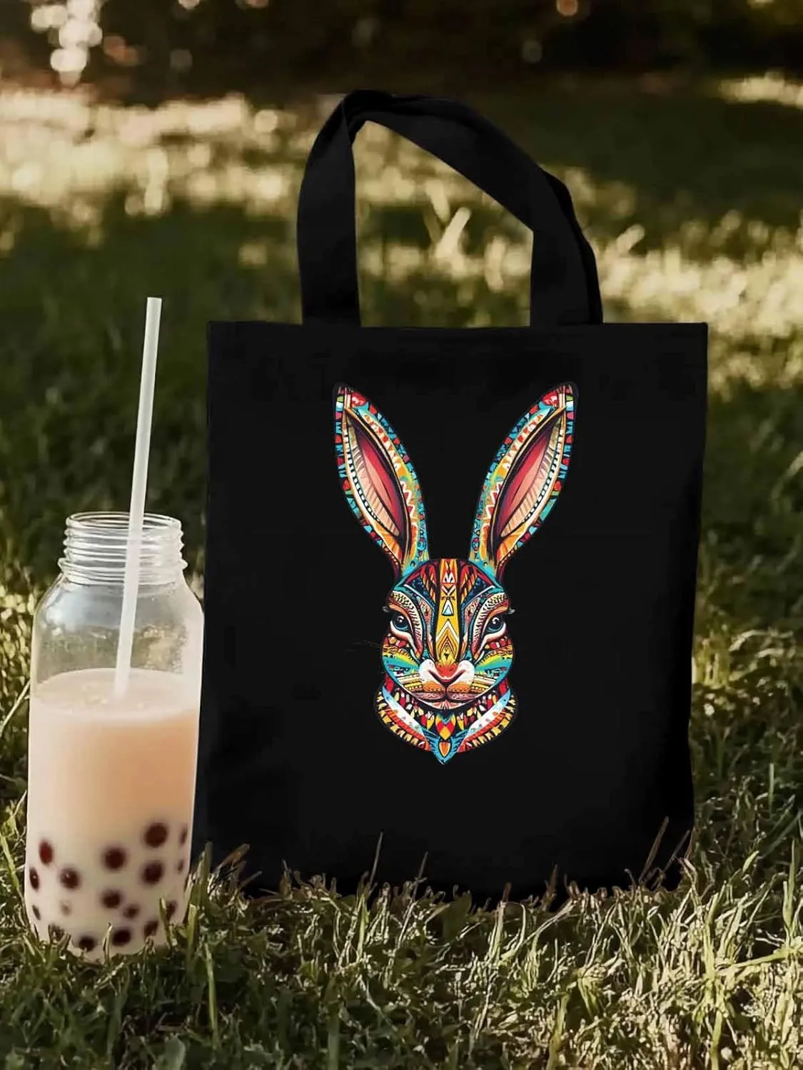 Canvas Tote Bag, Abstract Colorful Bunny patterned Canvas Tote Handbags for Women Shoulder Bag,