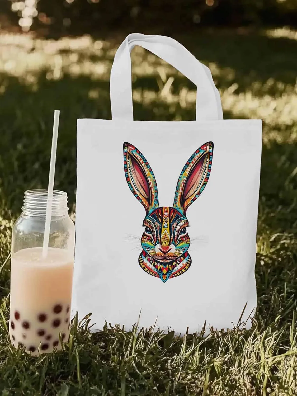 Canvas Tote Bag, Abstract Colorful Bunny patterned Canvas Tote Handbags for Women Shoulder Bag,