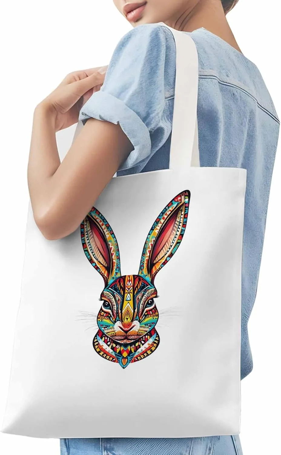Canvas Tote Bag, Abstract Colorful Bunny patterned Canvas Tote Handbags for Women Shoulder Bag,