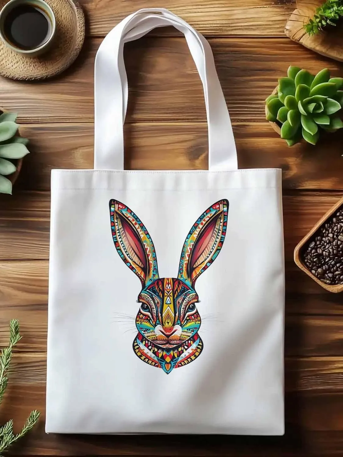 Canvas Tote Bag, Abstract Colorful Bunny patterned Canvas Tote Handbags for Women Shoulder Bag,