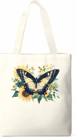 Canvas Tote Bag, Aesthetic Botanical Sunflower Butterfly Aesthetic Canvas Tote Handbags for Women Shoulder Bag