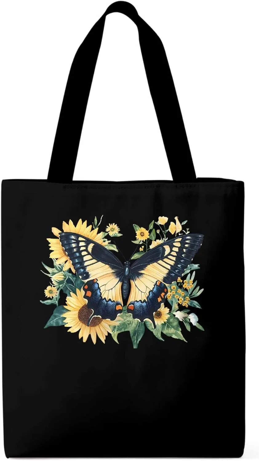 Canvas Tote Bag, Aesthetic Botanical Sunflower Butterfly Aesthetic Canvas Tote Handbags for Women Shoulder Bag