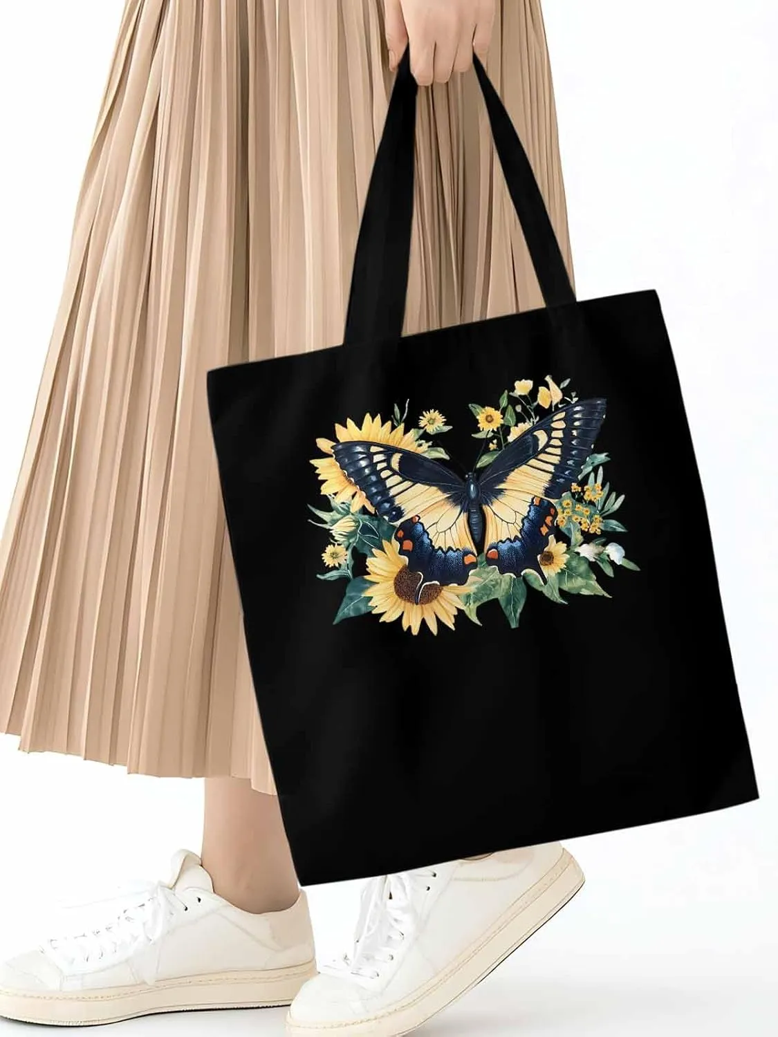 Canvas Tote Bag, Aesthetic Botanical Sunflower Butterfly Aesthetic Canvas Tote Handbags for Women Shoulder Bag