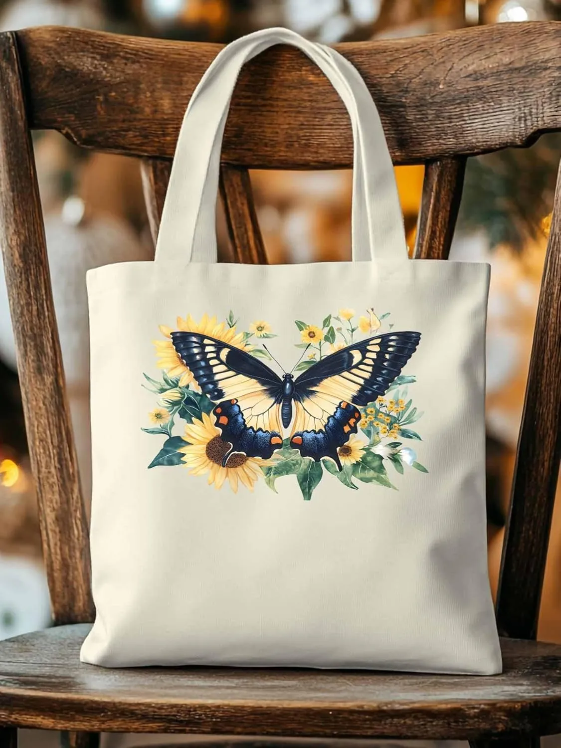 Canvas Tote Bag, Aesthetic Botanical Sunflower Butterfly Aesthetic Canvas Tote Handbags for Women Shoulder Bag