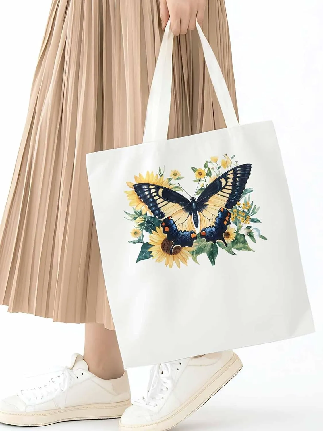 Canvas Tote Bag, Aesthetic Botanical Sunflower Butterfly Aesthetic Canvas Tote Handbags for Women Shoulder Bag