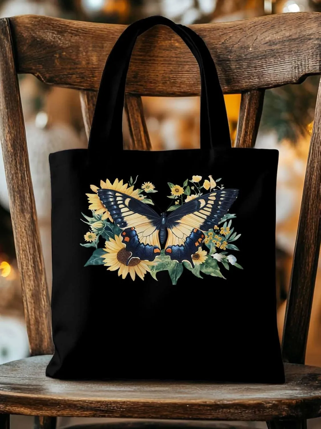 Canvas Tote Bag, Aesthetic Botanical Sunflower Butterfly Aesthetic Canvas Tote Handbags for Women Shoulder Bag