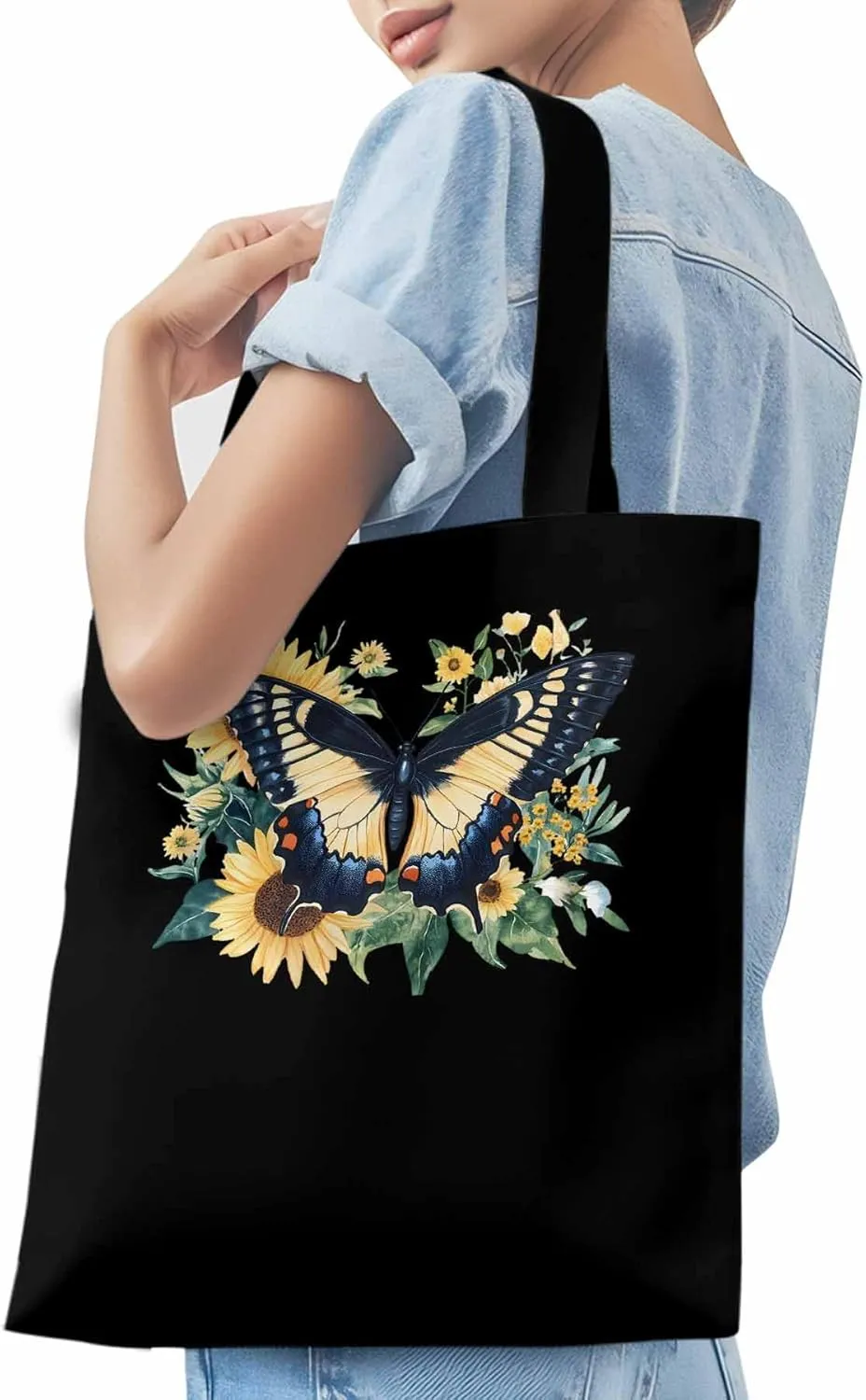 Canvas Tote Bag, Aesthetic Botanical Sunflower Butterfly Aesthetic Canvas Tote Handbags for Women Shoulder Bag