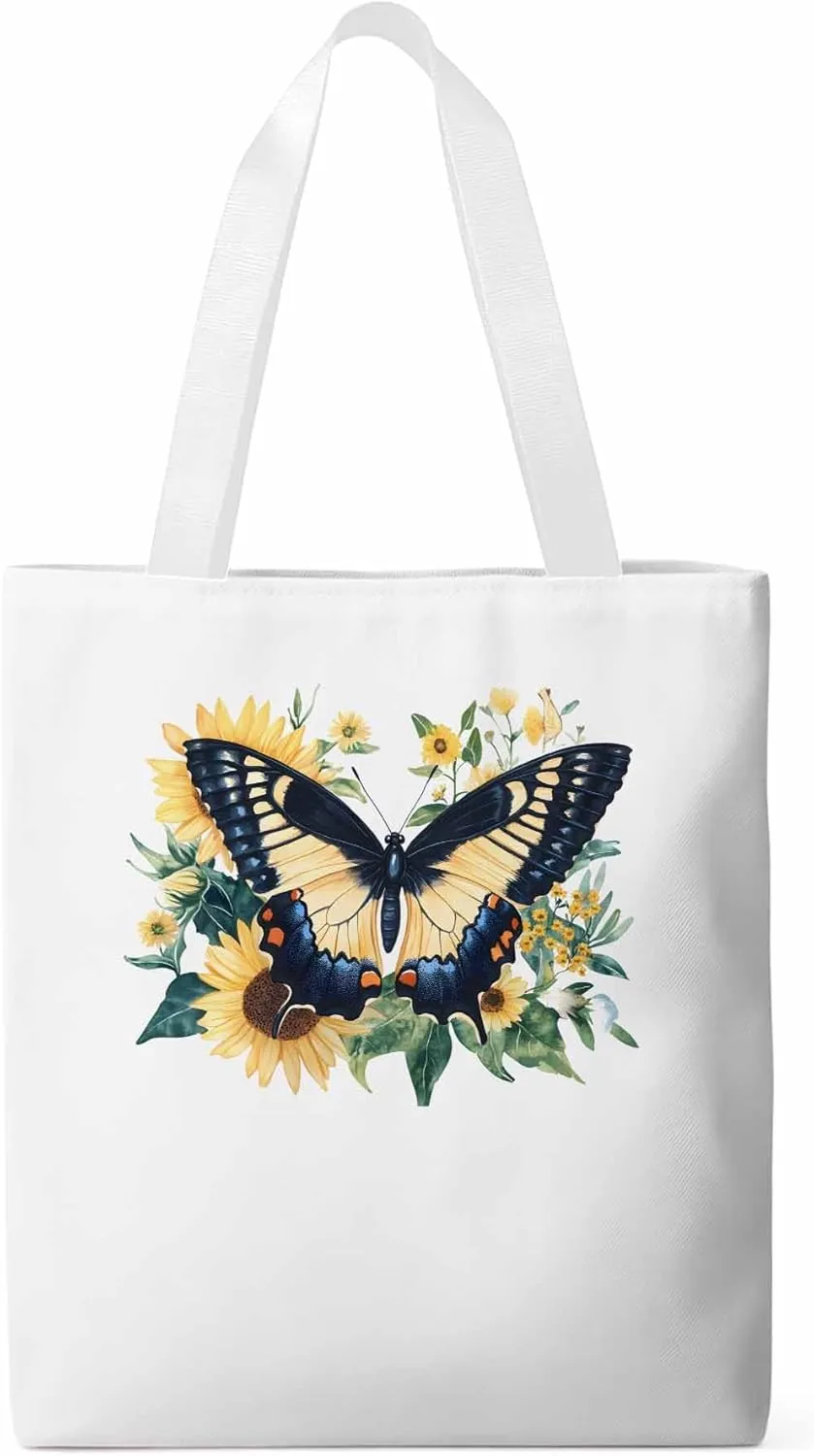 Canvas Tote Bag, Aesthetic Botanical Sunflower Butterfly Aesthetic Canvas Tote Handbags for Women Shoulder Bag