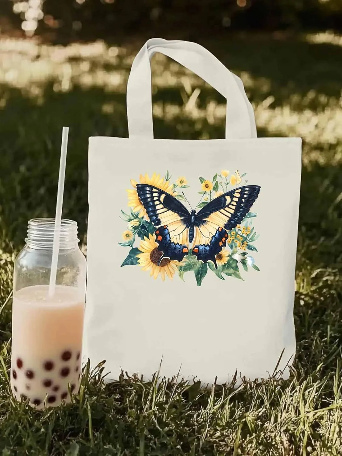 Canvas Tote Bag, Aesthetic Botanical Sunflower Butterfly Aesthetic Canvas Tote Handbags for Women Shoulder Bag