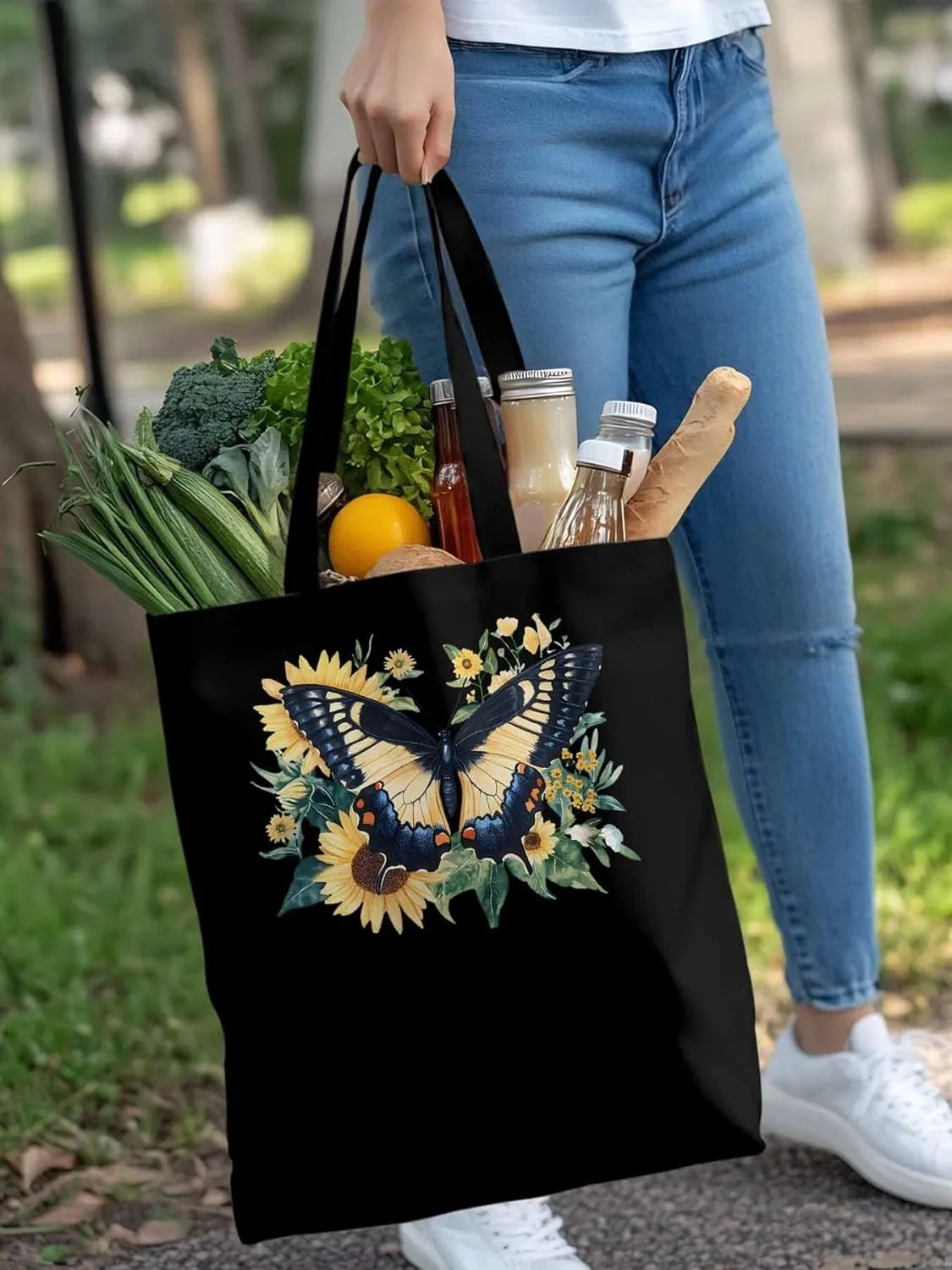 Canvas Tote Bag, Aesthetic Botanical Sunflower Butterfly Aesthetic Canvas Tote Handbags for Women Shoulder Bag
